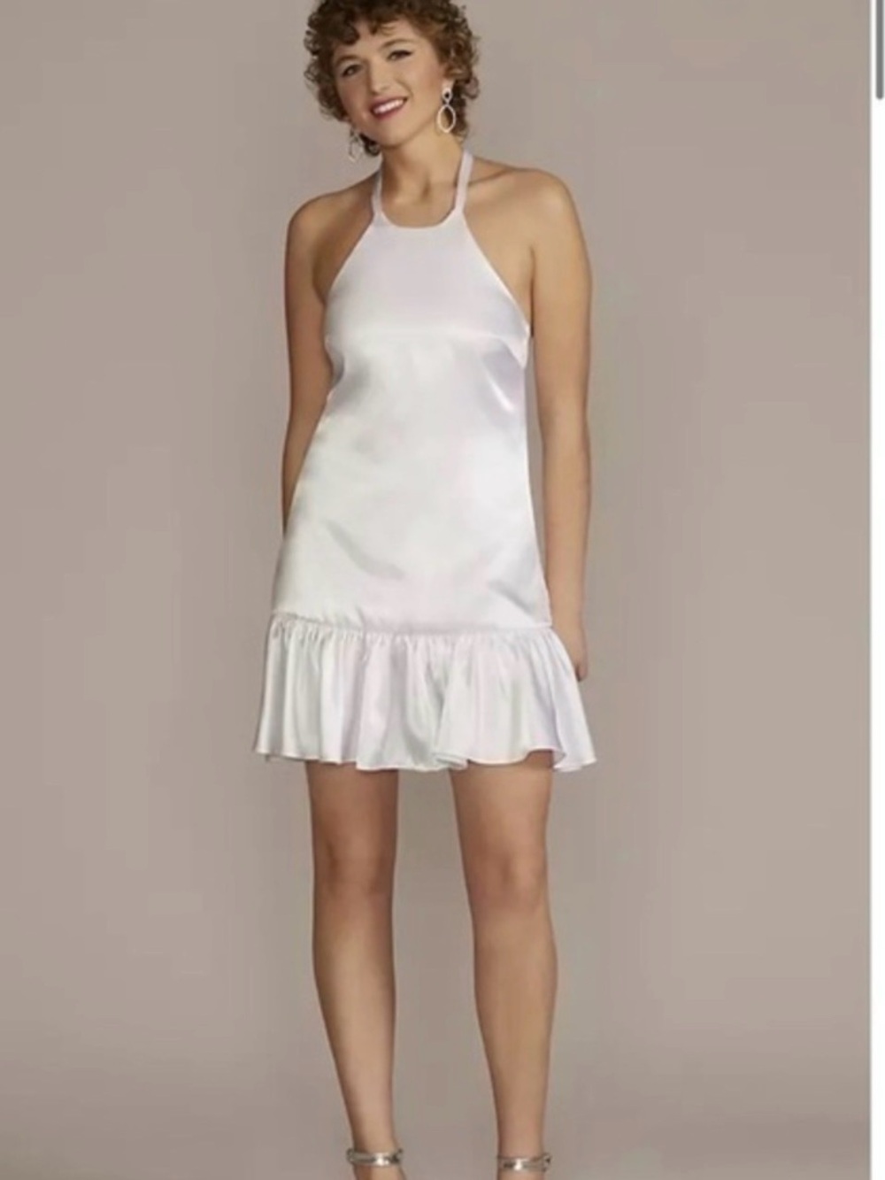 White Satin Halter Mini Dress with Ruffle Hem